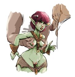 1girls 2boys apprehensive captured goblin goblin_female green_skin imminent_sex penis purple_hair pussy redlever small_breasts sweat unseen_male_face wide_hips