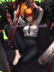 1boy 1girls arms_above_head arms_up art barefoot chainsaw_devil chainsaw_man denji_(chainsaw_man) feet female female_focus makima_(chainsaw_man) male nipple_bulge office_clothing pochita_(chainsaw_man) pochita_(devil_form) ragecndy tight_clothing