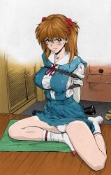 1girls asuka_langley_sohryu blue_eyes blush bondage bound brown_hair clothed clothing color colored drunkenshinigami edit edited female female_focus female_only fringe ginger huge_breasts japanese_clothes long_twintails neon_genesis_evangelion no_sex orange_hair pale-skinned_female panties panty petite red_ribbon school_uniform socks solo solo_female sweat twintails