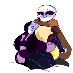 1girls 2d apron big_ass big_breasts big_butt blue_eye ectobody face_in_breasts female_sans heterochromia hugging ink_sans ink_sans_(fan_character) inktale kneeling oc rule_63 sans sans_au thick_thighs thighhighs undertale undertale_(series) undertale_au white_background yellow_eye