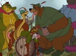 2022 anthro balls bear brown_body canid canine clothing crocodile crocodilian crocodylid disney drunk erection fox genitals group hat headgear headwear hi_res hypnosis little_john male male/male mammal mind_control outside overweight overweight_male penis reptile robin_hood robin_hood_(character) robin_hood_(disney) scalie sex snake substance_intoxication