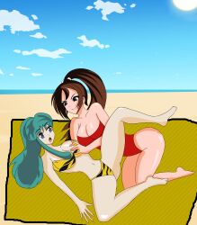 2girls anoneysnufftan applying_sunscreen beach blue_eyes breast_grab brown_hair edasbild embarrassed fatal_fury female female_only green_hair humiliation imminent_death killer_lotion long_hair lum mai_shiranui massage murder ocean on_back peril ponytail punishment rubbing sand seaside sky snk snuff summer sunbathing towel urusei_yatsura