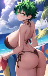 ai_generated ass beach big_ass big_butt bikini breasts cloud female_deku from_behind green_eyes green_hair huge_breasts izuku_midoriya large_ass large_breasts merukuma my_hero_academia rule_63 sea smile