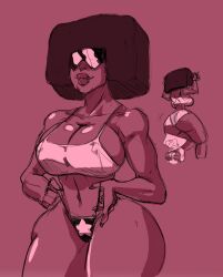 2girls afro arms_up belly_button big_breasts big_lips bikini bikini_bottom bikini_top breasts cartoon_network duo eyes_covered female female_only first-second fit fit_female garnet_(steven_universe) gem_(species) height_difference large_breasts monochrome navel nipple_bulge nipples panty_lift peridot_(steven_universe) simple_background smile smiling solo_focus spaghetti_strap standing steven_universe stomach thick_lips thick_thighs thighs toned toned_female underwear visor wide_hips