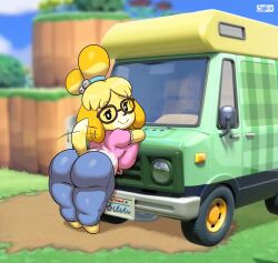 2022 animal_crossing anthro ass big_ass big_breasts breasts bubble_ass bubble_butt canid canine canis clothed clothing eyewear female fur furry furry_only glasses hi_res huge_ass isabelle_(animal_crossing) joaoppereiraus looking_back nintendo pants shih_tzu shortstack solo tail thick_thighs thighs