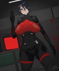 1girls android black_bodysuit black_hair bodysuit breasts breasts_apart clothing covered_nipples elster_(signalis) female firearm gynoid handgun holding_gun holding_revolver humanoid large_breasts latekxxx pale_skin revolver short_hair signalis solo weapon