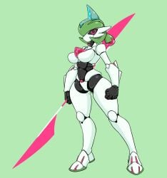 2d cat_fy featureless_breasts female female_focus female_only green_hair iron_valiant large_breasts nintendo paradox_pokemon pink_eyes pokémon_(species) pokemon pokemon_sv robot robot_girl robot_humanoid robot_joints thick thick_thighs weapon