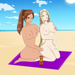 2girls anoneysnufftan applying_sunscreen beach blonde_hair breast_grab breast_grab_from_behind breasts brown_hair crossover dead_or_alive eastern_and_western_character edasbild embarrassed female female_only gasp hand_on_thigh hawaiian_tropic helena_douglas humiliation imminent_death killer_lotion lara_croft lara_croft_(survivor) long_hair lotion_bottle massage multiple_girls murder nipples nude ocean peril ponytail punishment red_eyes rubbing sand scared seaside sitting sky snuff summer sunbathing tomb_raider towel wide_eyed