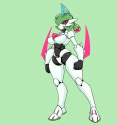 2d cat_fy featureless_breasts female female_focus female_only green_hair iron_valiant large_breasts nintendo paradox_pokemon pink_eyes pokémon_(species) pokemon pokemon_sv robot robot_girl robot_humanoid robot_joints thick thick_thighs weapon