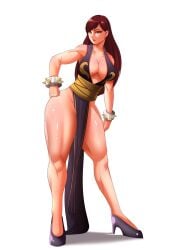 alternate_costume black_dress brown_hair capcom chinese_clothing chinese_dress chun-li chun-li_(battle_ouffit_sfv) female hand_on_hip large_breasts long_hair official_alternate_costume sexydarkbr shiny_skin street_fighter street_fighter_v tagme white_background