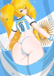 1girls argentina ass blonde_hair fatelogic football_uniform looking_at_viewer looking_back nipple_bulge nym_rose original partially_clothed red_eyes thong yellow_hair