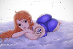 barefoot big_ass big_breasts bubble_butt clothed dress female female_only hiyozuki jewelry laying_down long_hair looking_at_viewer nami one_piece orange_hair post-timeskip purple_dress solo solo_female straight_hair tattoo thick_ass