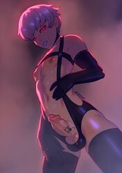 1boy balls blush erect_penis erection femboy gloves grey_hair legwear light-skinned_male light_skin male male_only nier nier:_automata nier_(series) penis playzholder red_eyes short_hair solo standing testicles thighs white_hair yorha_9s