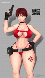 1girls belt big_breasts bikini brown_hair capcom casual clothing dante-grapes female female_only fingerless_gloves firearm green_eyes gun hand_on_hip handgun handwear hi_res human looking_at_viewer neckwear pale_skin pink_lips rebecca_chambers resident_evil short_hair solo swimwear thick_thighs umbrella_corporation weapon