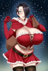 1girls aqua_eyes aqua_eyes_female belt black_hair black_hair_female blush breasts bursting_breasts capelet christmas christmas_outfit cleavage enormous_breasts female female_focus hair_over_one_eye happy_holidays highres holding_mistletoe holidays huge_breasts huge_cleavage knapsack lipstick makeup massive_breasts mistletoe navel original original_character santa_costume santa_dress saya_(twrlare) short_black_hair short_hair short_hair_female skirt smile snow snowing solo solo_female thighhighs twrlare voluptuous_female