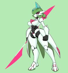 2d cat_fy featureless_breasts female female_focus female_only green_hair iron_valiant large_breasts nintendo paradox_pokemon pink_eyes pokémon_(species) pokemon pokemon_sv robot robot_girl robot_humanoid robot_joints thick thick_thighs weapon