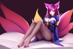 9_tails ahri ai_generated bed feet fishnet_legwear fishnets foot_fetish fox_ears fox_girl fox_tail kitsune kuibi league_of_legends legs purple_hair