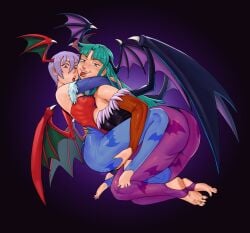 2girls absurd_res ass barefoot bat_print blue_pantyhose capcom clothing darkstalkers demon_wings fangs feet female female_only gauntlets green_eyes green_hair head_wings hugging leotard lilith_aensland long_hair looking_at_viewer medium_breasts morrigan_aensland nagainosfw narrowed_eyes pantyhose purple_hair purple_pantyhose red_eyes shocked_expression small_breasts smiling smiling_at_viewer soles succubi succubus succubus_wings toeless_legwear toes tongue_out wings yuri