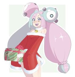 1futa blush bottomless breasts bulge christmas christmas_outfit christmas_present clothed clothing dick_in_a_box erection erection_under_skirt futa_only futanari game_freak hi_res highres human iono_(pokemon) jingle_bell light-skinned_futanari light_skin long_hair looking_at_viewer mostly_clothed nintendo penis penis_bulge penis_under_skirt pokemon pokemon_sv precum precum_drip sealguy sharp_teeth skirt skirt_lift sleeves_past_wrists solo solo_futa standing twintails two_tone_hair