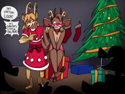 anthro antlers ashamed blush blushing christmas christmas_tree covering embarrassed embarrassed_nude_male female furry male naked no_sex nude nudity red_nose robablo