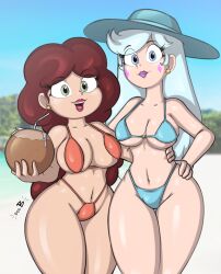 2girls angie_diaz beach belly_button big_breasts bikini bikini_top blue_bikini blue_eyes blue_hair breasts brown_hair coconut_drink curvy disney disney_channel disney_xd doc.b earrings female green_eyes hat milf moon_butterfly mother orange_bikini star_vs_the_forces_of_evil stomach thick_thighs voluptuous white_female wide_hips