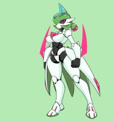 2d cat_fy featureless_breasts female female_focus female_only green_hair iron_valiant large_breasts nintendo paradox_pokemon pink_eyes pokémon_(species) pokemon pokemon_sv robot robot_girl robot_humanoid robot_joints thick thick_thighs weapon