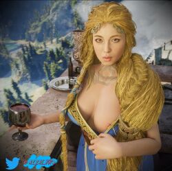 1girls 3d aesir_(norse_mythology) areolae azzat blonde_hair blue_eyes braided_hair breasts clothed female female_only front_view god_of_war god_of_war_ragnarok goddess long_hair looking_at_viewer milf nipples norse_mythology outdoors pulling_clothing sif_(god_of_war) solo sony_interactive_entertainment tagme tattoo tattoos twitter_username