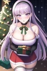 ai_generated blush choker christmas christmas_outfit christmas_tree cleavage danganronpa elbow_gloves female_only gloves headband holding_gift holding_object kirigiri_kyouko light_purple_hair nai_diffusion purple_eyes skirt stable_diffusion thighhighs