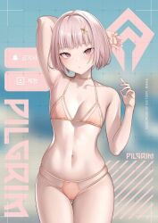 bikini blush blush_lines goddess_of_victory:_nikke noah_(nikke) pink_bikini pink_eyes pink_hair sharp_eyebrows simple_background small_ass small_breasts white_skin