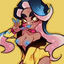 1girls 2020 bare_shoulders breasts collar dark-skinned_female dark_skin ita_(seisoporl) long_hair nipples octoling octoling_girl off_shoulder seisoporl splatoon thick_eyebrows tongue tongue_out topless v yellow_background yellow_eyes