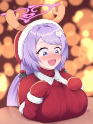 1boy absurdres animal_hood blue_archive blue_eyes blush boobjob breasts christmas christmas_lights clothed_paizuri female gloves hanae_(blue_archive) hanae_(christmas)_(blue_archive) hand_on_own_chest hat highres hood horns human human_only large_breasts long_sleeves looking_at_penis open_mouth paizuri paizuri_under_clothes precum precum_through_clothing remedial_knights_(blue_archive) santa_costume shortstack titfuck titfuck_under_clothes titjob trinity_general_school_student user_cuah7535