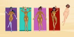 5girls alternate_skin_color anoneysnufftan asphyxiation beach bloodshot_eyes blush breasts corpse crying d.va dark-skinned_female dark_skin dead death defeated edasbild embarrassed embarrassed_nude_female execution female female_only headgear humiliation killer_lotion lineup lotion mascara_tears mei_(overwatch) mercy murder nipples nude oil oiled on_back overwatch penalty_game purple_skin pussy ryona sand sky snuff standing suffocation summer sunbathing sunscreen tan tanned towel tracer victory visor widowmaker