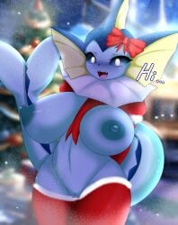 absurd_res anthro big_breasts blue_body blue_eyes blush breasts chocomenta christmas clothing eeveelution english_text female generation_1_pokemon genitals hi_res holidays huge_breasts legwear looking_at_viewer nintendo nipples open_mouth pokémon_(species) pokemon pokemon_(species) pokemorph pussy solo text thick_thighs vaporeon video_games