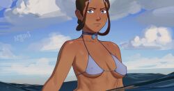 abs aged_up avatar_the_last_airbender braided_ponytail dark-skinned_female erect_nipples female female_focus female_only hair_loopies inuit katara large_breasts looking_at_viewer medium_breasts ngmi outdoors serious sideboob solo solo_female solo_focus suggestive_gesture swimsuit underboob water