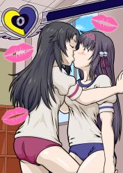 2girls against_wall black_hair blue_eyes blush eyes_wide_open female female_only gal_gun game_ui gym_uniform indoors kissing m2boze orange_eyes shinobu_kamizono yuri yurina_gozu