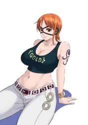 big_breasts bracelet cherrycola cleavage clothed crop_top curvy eyewear female female_only jeans large_breasts mask midriff nami one_piece orange_hair pre-timeskip sitting solo solo_female tattoo