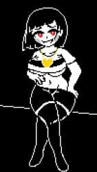 1girls 1gonth black_background chara female female_chara female_only heart_locket heart_necklace heart_pendant mob_face necklace pixel pixel_(artwork) pixel_art red_eyes short_hair solo underboob undertale undertale_(series)