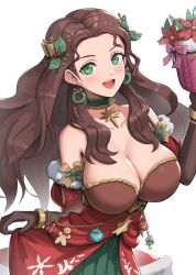 1girls alternate_costume alternate_hairstyle bare_shoulders breasts brown_hair candy candy_cane christmas christmas_wreath_earrings cleavage collarbone dorothea_arnault dorothea_arnault_(winter) dress earrings female female_only fire_emblem fire_emblem:_three_houses fire_emblem_heroes fire_emblem_warriors:_three_hopes food gift gingerbread_man gonzarez green_dress green_eyes hair_ornament highres holly_hair_ornament jewelry large_breasts looking_at_viewer nintendo official_alternate_costume official_alternate_hairstyle open_mouth red_dress simple_background smile solo teeth upper_teeth_only white_background