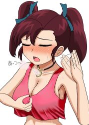 1girls bakusou_kyoudai_let's_and_go big_breasts blush breasts brown_hair busty closed_eyes female female_only highres jewelry large_breasts oogami_marina open_mouth pendant sweat tank_top twintails