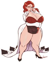 cleavage commissioner_upload curvaceous curvy full_body glasses high_heels highres huge_ass huge_breasts huge_thighs jojoniumart labcoat looking_at_viewer massive_breasts milf miniskirt original_character red_hair shortstack sweater thick_thighs voluptuous wavy_hair wide_hips