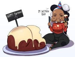 1girls african_female artist_self-insert ass big_ass birthday birthday_cake blackwhiplash breast cake caked_up cum_in_mouth cum_on_ass cum_on_breasts cum_on_face cum_sauce eating eating_ass euphemism food_shaped_like_ass fork frosting huge_ass humor knife lezzy_(blackwhiplash) mob_face mouthful original original_character sfw sona_(blackwhiplash) tagme visual_pun