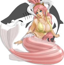 female female_only fish_girl fish_tail long_hair mermaid mermaid_ass mermaid_giantess mermaid_girl mermaid_position mermaid_tail one_piece pink_hair pink_tail seductive seductive_look seductive_pose seductive_smile shirahoshi straight_hair toten_(artist) wide_hips