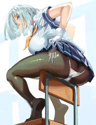 ass black_pantyhose blue_eyes blue_sailor_collar blue_skirt breasts chair closed_mouth female gloves hair_between_eyes hair_ornament hair_over_one_eye hairclip hamakaze_(kantai_collection) highres huge_breasts kantai_collection looking_at_viewer neckerchief panties panties_over_pantyhose pantyhose pleated_skirt sailor_collar school_chair school_uniform serafuku short_hair short_sleeves side-tie_panties simple_background simplecar sitting skirt solo underwear white_gloves white_panties yellow_neckerchief