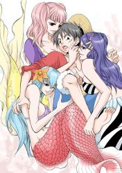 3girls blue_hair chikaburo female female_only fish_girl fish_tail flower harem hiramera ishilly mermaid mermaid_ass mermaid_girl mermaid_tail mero_(one_piece) monkey_d_luffy multiple_girls one_piece pink_hair pink_tail seductive seductive_eyes seductive_look seductive_mouth seductive_pose seductive_smile straight_hair yellow_tail