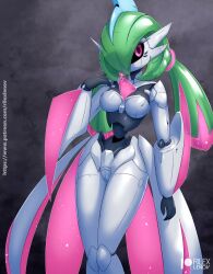 2d anthro featureless_breasts female female_focus female_only female_pokemon gray_background green_hair iron_valiant looking_at_viewer nintendo paradox_pokemon pink_eyes pokémon_(species) pokemon pokemon_sv rilex_lenov robot robot_girl robot_humanoid thick_thighs weapon white_body