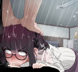 1boy 1girls absurd_res all_the_way_to_the_base big_breasts big_penis blowjob blush breasts censor_bar censored clothed_female clothing crying dark_hair deepthroat erect_penis erection fellatio female forced forced_oral fujimiya_sumika fully_clothed glasses hand_on_another's_head hand_on_head heavy_breathing highres huge_cock isekai_ojisan large_penis light-skinned_female light-skinned_male light_skin long_hair maledom mizumizuni oral penis rape rolling_eyes sweat sweatdrop tears veiny_penis visible_breath x-ray