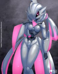 2d featureless_breasts female female_focus female_only female_pokemon gray_background gray_body iron_valiant looking_at_viewer nintendo paradox_pokemon pink_eyes pokémon_(species) pokemon pokemon_sv rilex_lenov robot robot_girl robot_humanoid shiny_pokemon silver_hair thick_thighs weapon