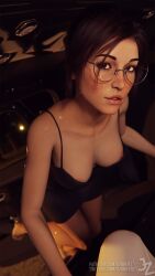 1girls 3d areolae blender breasts brown_hair car cleavage clothed clothing dress female female_focus female_only glasses junkerz lara_croft lara_croft_(survivor) light-skinned_female light_skin looking_at_viewer medium_breasts nipple_slip nipples no_bra solo solo_female solo_focus tomb_raider watermark