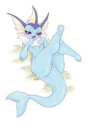 anthro anus blush eeveelution female fin genitals grass half-closed_eyes hi_res legs_up looking_at_viewer lying narrowed_eyes nintendo noronori on_back open_mouth plant pokémon_(species) pokemon pussy simple_background solo vaporeon video_games white_background