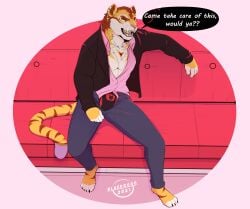 absurd_res anthro bulge clothed clothing cross ear_piercing ear_ring felid flirting gold_(metal) gold_jewelry gold_tooth hi_res jewelry male mammal open_clothing open_topwear pantherine paws piercing ring_piercing sitting solo speech_bubble terryskaii_(artist) tiger topwear